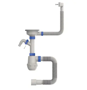 Сифон для кухни MIXXUS SK-05-WH 3 1/2"x40 с пластиковой белой сеткой, отводом для стиральной машины, гибким прямоугольным переливом (MI8193)