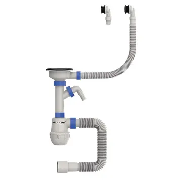 Сифон для кухни MIXXUS SK-06-BL 3 1/2"x40 с пластиковой черной сеткой, отводом для стиральной машины, гибким круглым переливом (MI8196)