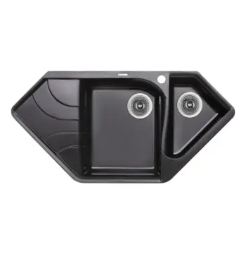 Кухонна мийка Lidz BLM-14 1000×500 мм зі штучного каменю чорний металік з додатковою чашею та лівим крилом (LIDZBLM141000500225)