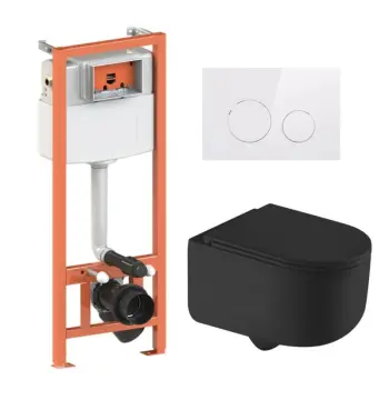 Комплект інсталяції 4 в 1 Qtap Nest з підвісним унітазом Taurus Ultra Quiet, чорний матовий з білою круглою клавішею (QT2433084EUQMB46178)