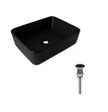 Комплект Qtap Tern: Раковина накладна прамокутна 480х370х135 мм Matt Black + Донний клапан PU03