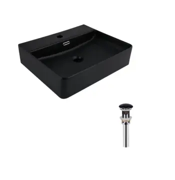 Комплект Qtap Nando LT: Раковина підвісна прамокутна 500х420х130 мм Matt Black + Донний клапан PU03O