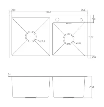 ID 7541-B мийка подвійн.750x410x215мм, (3.0/0.8), сифон, дозатор кошик, PVD Black