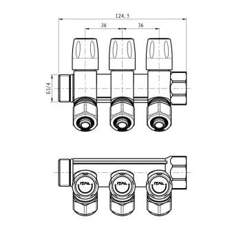 Колектор для теплої підлоги ITAL 3 виходи нікельований 3/4"x16*2 з регулювальними вентилями і перехідником під євроконус