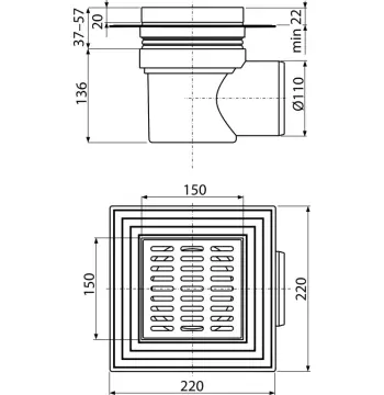 Трап для душа ALCA PLAST APV12 150x150 мм из нержавеющей стали с боковым отводом 110 мм