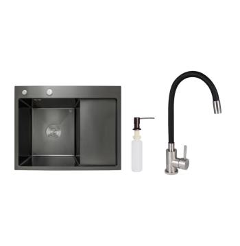 Акційний набір Lidz: мийка H6350BR інтегрована крило справа Brushed Black PVD 3,0/1,0 мм + Змішувач Aria для кухні з гнучким виливом (k35) Black