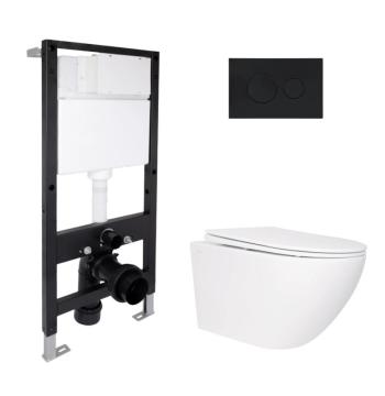 Готове рішення Qtap для ванної кімнати: підвісний унітаз Jay Rimless 520x360x320 + комплект інсталяції Standard (кругла клавіша Black)