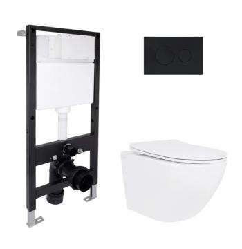 Готове рішення Qtap для ванної кімнати: підвісний унітаз Jay Rimless 485x360x320 + комплект інсталяції Standard (кругла клавіша Black)