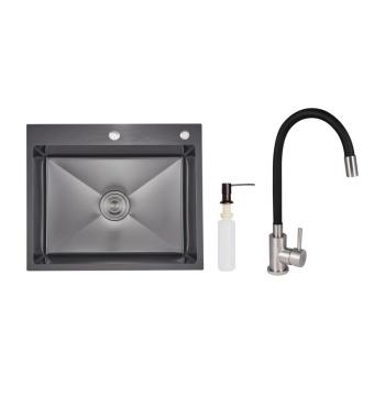 Акційний набір Lidz: мийка інтегрована Decor Black PVD Honeycomb 2,5/0,5 мм + Змішувач Aria для кухні з гнучким виливом (k35) Black