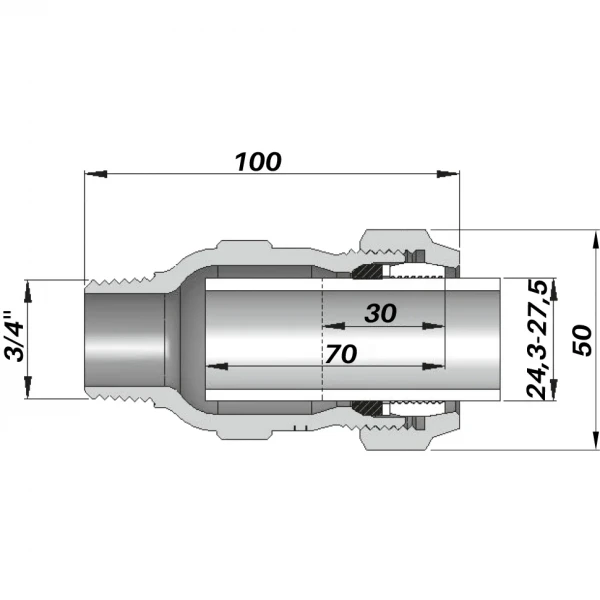 Соединение прямое зажимное с наружной резьбой DN20(24,3-27,5мм) х 3/4″ AK AGAflex