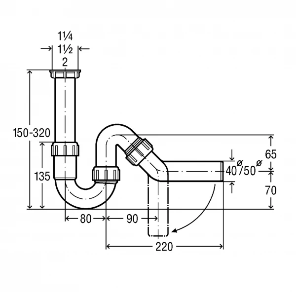 Сифон для раковини VIEGA 1 1/2″х50 без патр. 45° пластик білий трубний б/г 102821