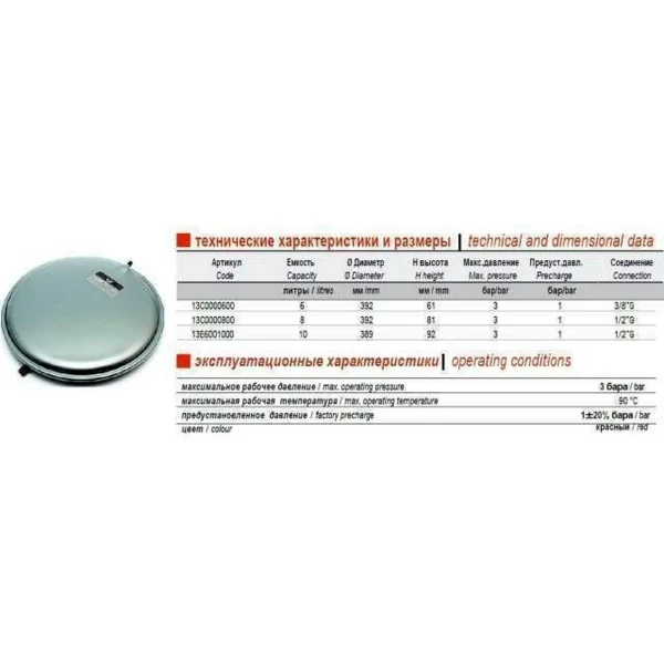 Бак Zilmet  oem-pro для монтажа в котлы плоский Арт. 521 6л 3bar D. 392 СЕРЫЙ 1/2″
