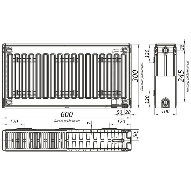 Радіатор сталевий панельний KALDE 22 низ/справа 300x600 (без OUTER)