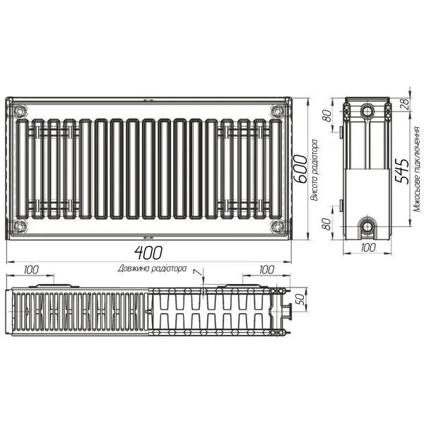 Радіатор сталевий панельний OPTIMUM 22 бок 600x400