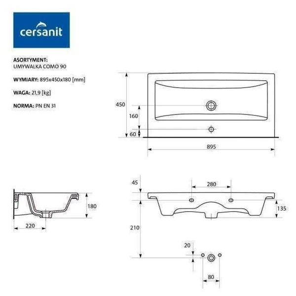 Умивальник меблевий Cersanit COMO 90