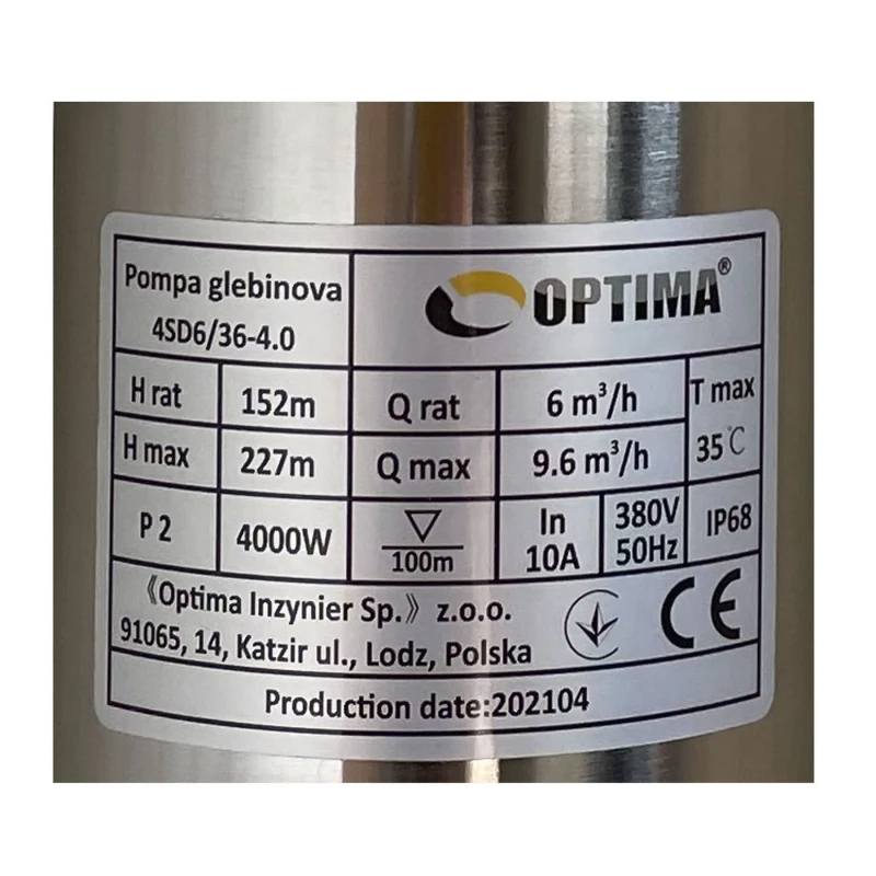Насос свердловинний з підв, стійк, до піску OPTIMA 4SD6/36 4,0 кВт 227м 3-фазний ( 2 частини )