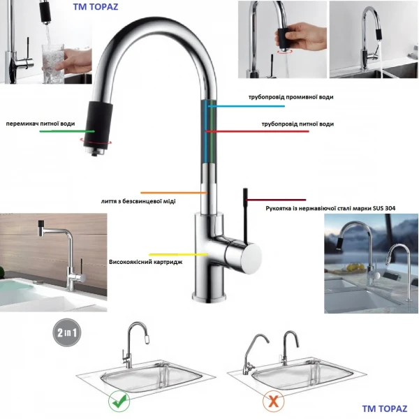 Смеситель для кухни под осмос TOPAZ CORSICA TC-8801-H39-PVD