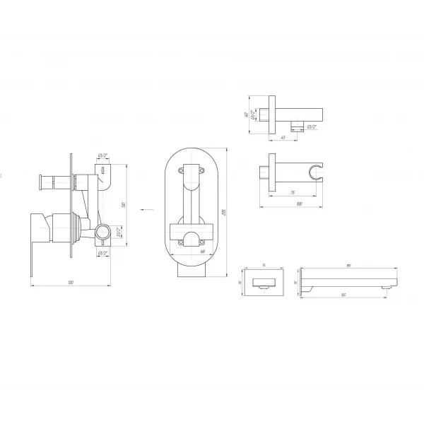Смеситель для ванны встроенный TOPAZ SARDINIA TSG 08202-V-H20-BL 2 выхода, излив 190 мм, Черный