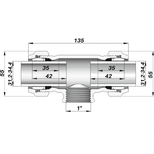 Соединение зажимное тройное с внутренней резьбой DN25(31,2-34,4 мм) х 1″ TK AGAflex