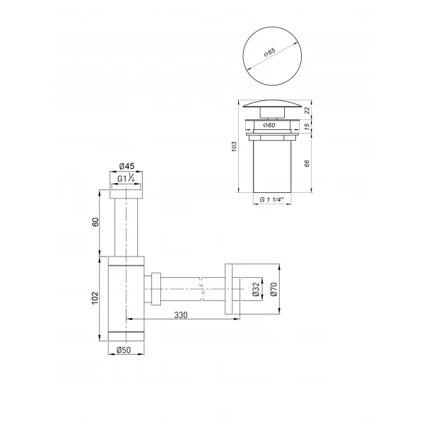 Сифон металевий з донним клапаном без переливу Globus Lux GS-32-105-03B