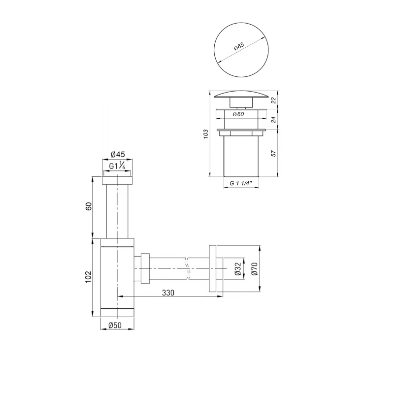 Сифон металевий з донним клапаном з переливом Globus Lux GS-32-105-03A