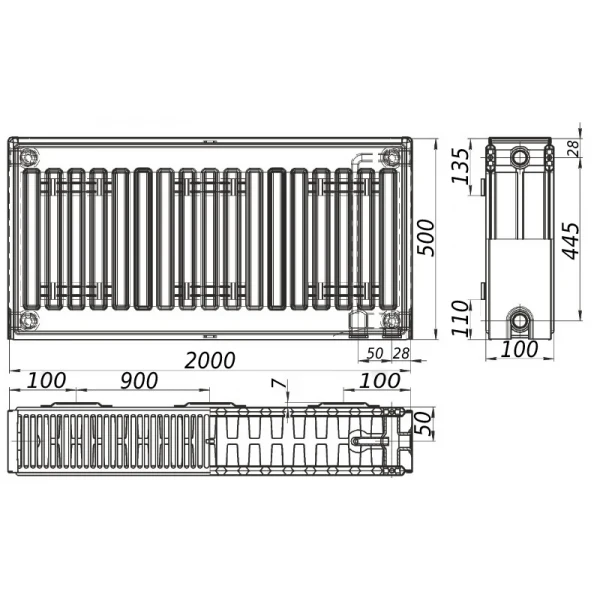 Радиатор стальной 22/500х2000 низ-справа/бок KALITE (без клапана OUTER)