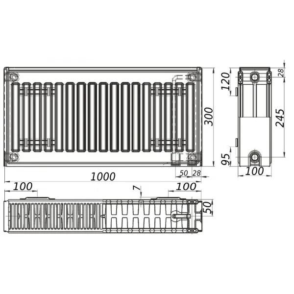 Радиатор стальной 22/300х1000 низ-справа/бок KALITE (без клапана OUTER)