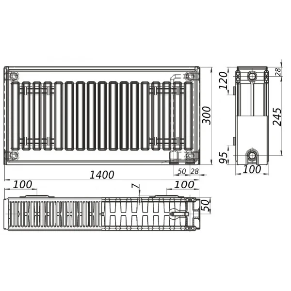 Радиатор стальной 22/300х1400 низ-справа/бок KALITE (без клапана OUTER)