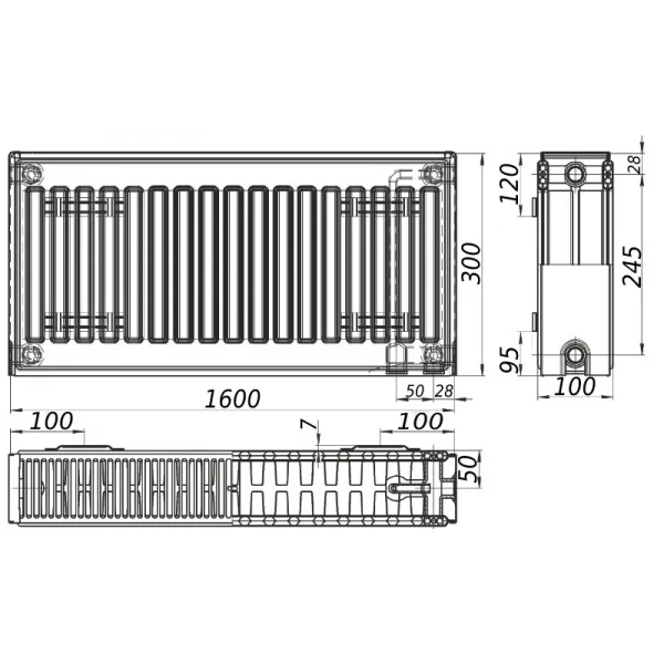 Радиатор стальной 22/300х1600 низ-справа/бок KALITE (без клапана OUTER)