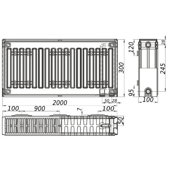 Радиатор стальной 22/300х2000 низ-справа/бок KALITE (без клапана OUTER)