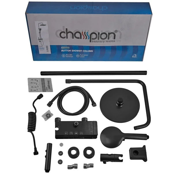 Душевая колонна со смесителем с кнопочным переключателем из алюминия CHAMPION PBD-009-J BLACK, 4 режима (CH6549)
