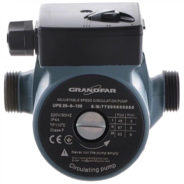 Насос циркуляционный центробеж. Grandfar UPS20-6-130 (обмотка-медь) (с накидными гайками) (GF1058)