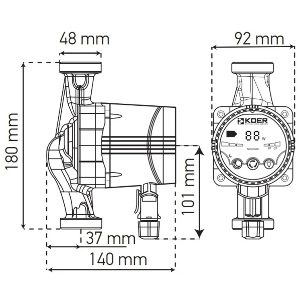 Насос циркуляционный центробеж. энергосберег. Koer KP.N25/4-180 (с гайками, кабелем и вилкой) (KP0246)