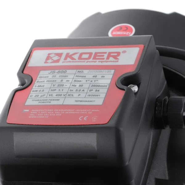 Насос поверхневий самовсмоктуючий Koer JS-800 корпус нерж. Н=46М Q=3,3кбМ, P=800 Вт, 1