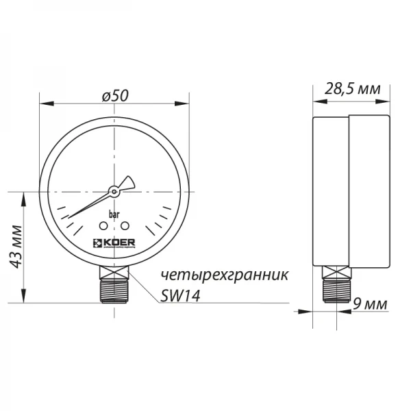 Манометр радіальний (KOER KM.502R) (0-4 bar), D 50мм, 1/4''-1/2'' (KR0207)