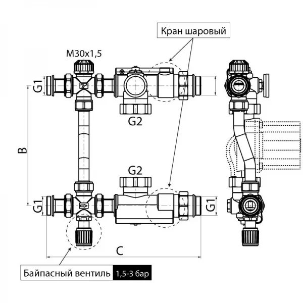 Смесительный узел для коллекторов с бок. подкл. Koer KR.1022S - 1” (без насоса) (KR2911)