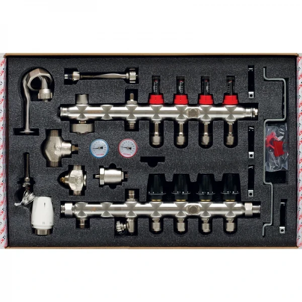 Коллектор со встроенным смесит. узлом Koer KR.S1011-4 1"х4 SUS304 и евроконусами 3/4-16 (KR2927)