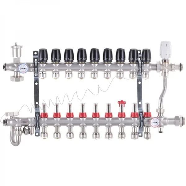 Коллектор со встроенным смесит. узлом Koer KR.S1013-9 1"х9 SUS304 и евроконусами 3/4-16 (KR2952)