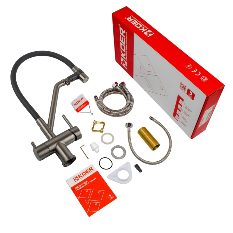 Кухонный смеситель с силик. изливом и вых. для питьевой воды KOER KB-72006-07 (KR3382)