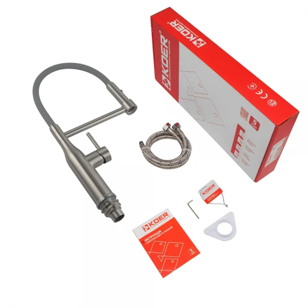 Кухонный смеситель с силиконовым изливом KOER KI-70005-02 (нерж. сталь) (KR3388)