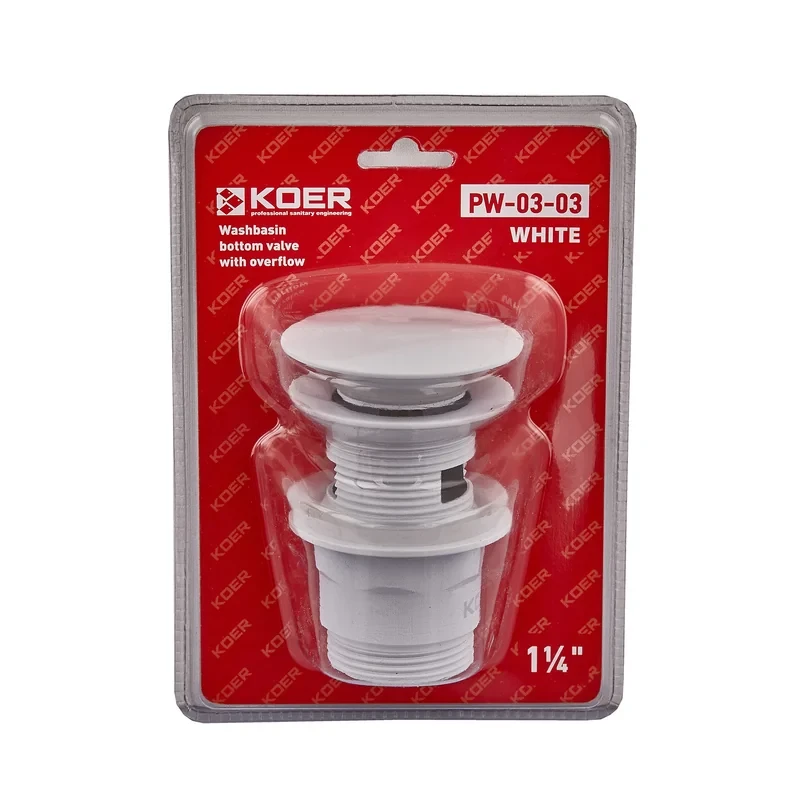 Донний клапан для умивальника з переливом Koer PW-03-03 1 1/4'' (кнопка) (Білий) (KR3395)