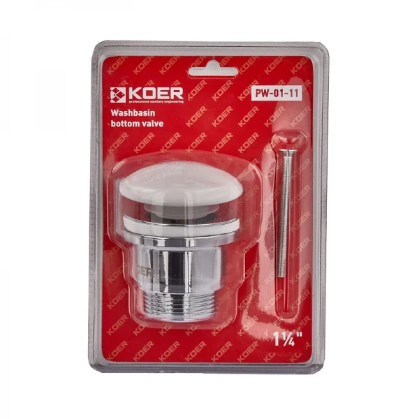 Донный клапан для умывальника Koer PW-01-11 1 1/4'' (кнопка) (Белая керамическая накладка) (KR3405)