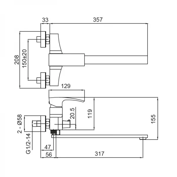 Смеситель для ванны с длинным изливом Koer KB-42007-01 (Цвет хром) (KR3456)