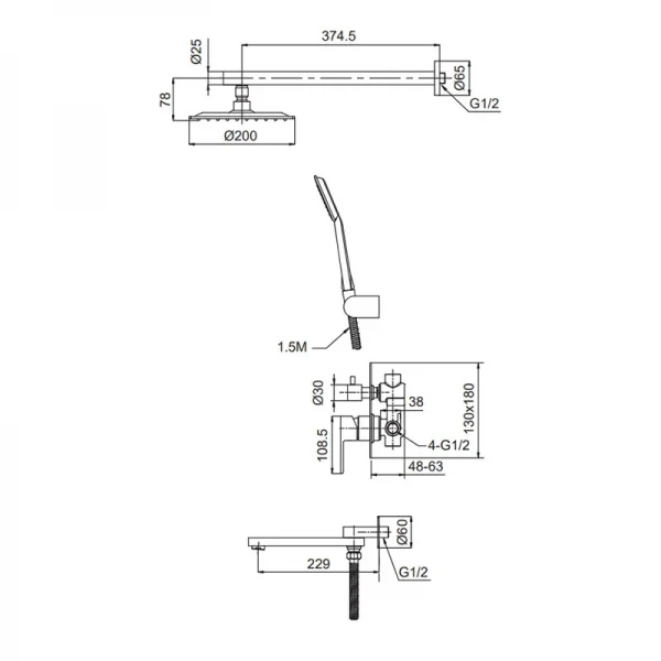 Встраиваемая душевая система Koer KI-66015-02 (из нерж. стали) (Цвет нерж) (KR4785)