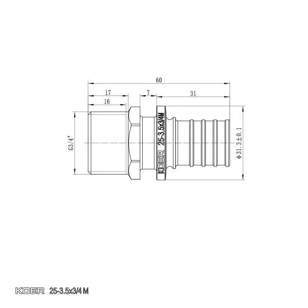 Переходник с НР Koer KA.A08M-25 - 25(3.5mm) x 3/4"M (KR4853)