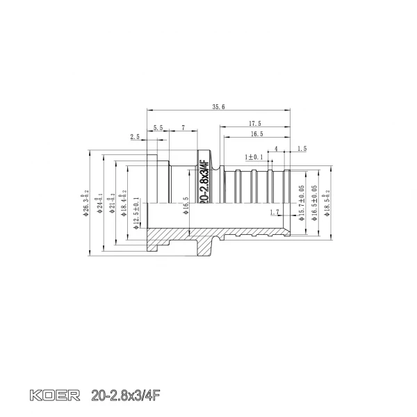 Переходник с накидной гайкой под плоское уплотнение Koer KA.A08F-20S - 20(2.8mm) x 3/4"F (KR4867)