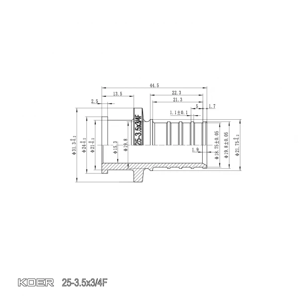 Переходник с накидной гайкой под плоское уплотнение Koer KA.A08F-25S - 25(3.5mm) x 3/4"F (KR4868)