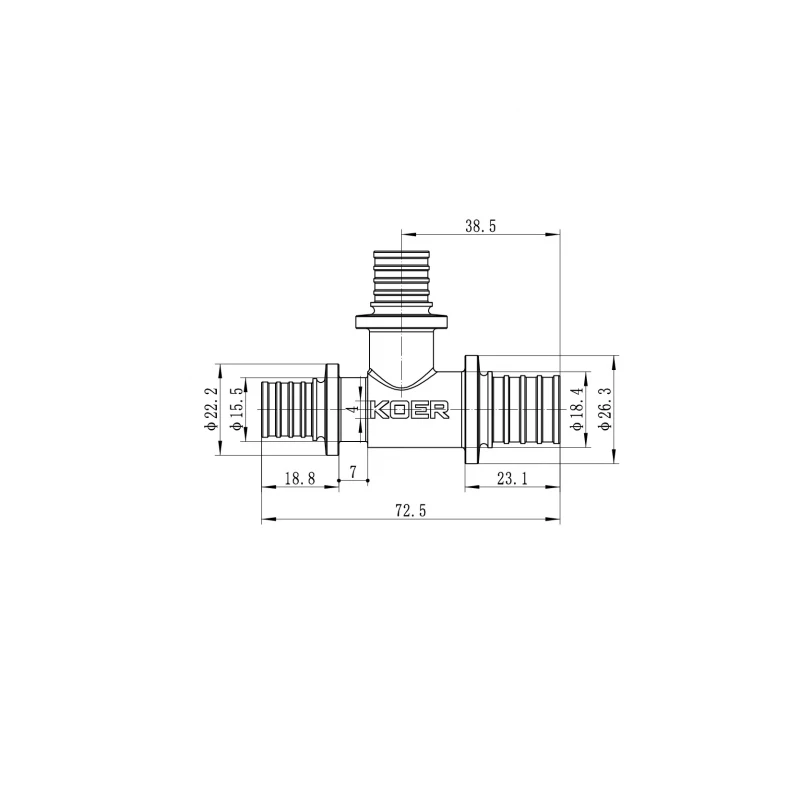 Трійник перехідний Koer KA.T20-16-16 - 20(2.8mm) x 16(2.2mm) x 16(2.2mm) (KR4887)