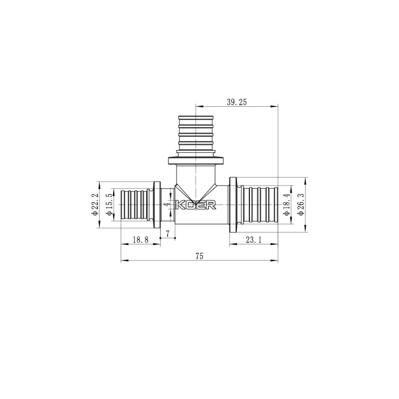 Трійник перехідний Koer KA.T20-20-16 - 20(2.8mm) x 20(2.8mm) x 16(2.2mm) (KR4889)