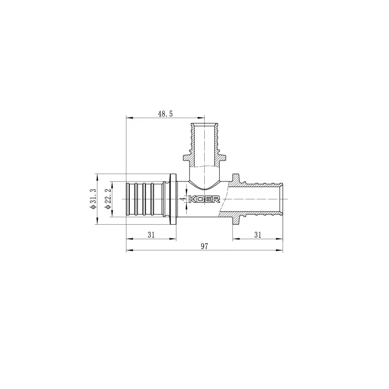 Трійник перехідний Koer KA.T25-20-25 - 25(3.5mm) x 20(2.8mm) x 25(3.5mm) (KR4892)
